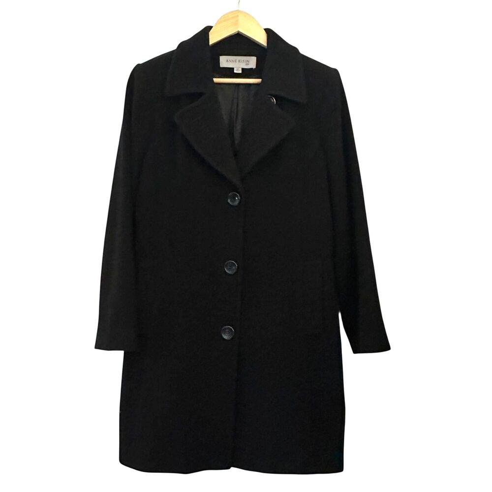 Anne Klein Black Cashmere Classic Staple Wool Blend Pea Coat Size 14 Petite